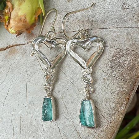 Heart Earrings with Raw Blue Apatite - Sterling Silver Heart Earrings - Kathy Sayce Jewellery