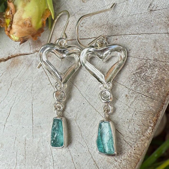 Heart Earrings with Raw Blue Apatite - Sterling Silver Heart Earrings - Kathy Sayce Jewellery