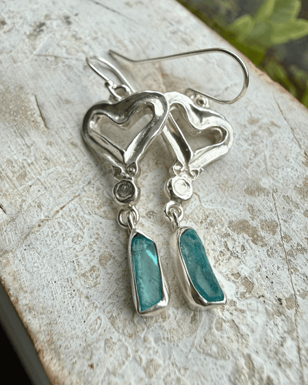Heart Earrings with Raw Blue Apatite - Sterling Silver Heart Earrings - Kathy Sayce Jewellery