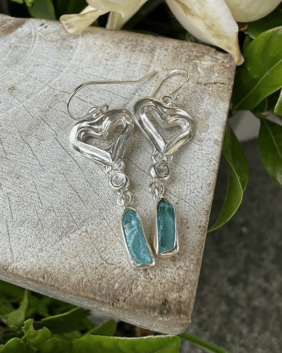 Heart Earrings with Raw Blue Apatite - Sterling Silver Heart Earrings - Kathy Sayce Jewellery