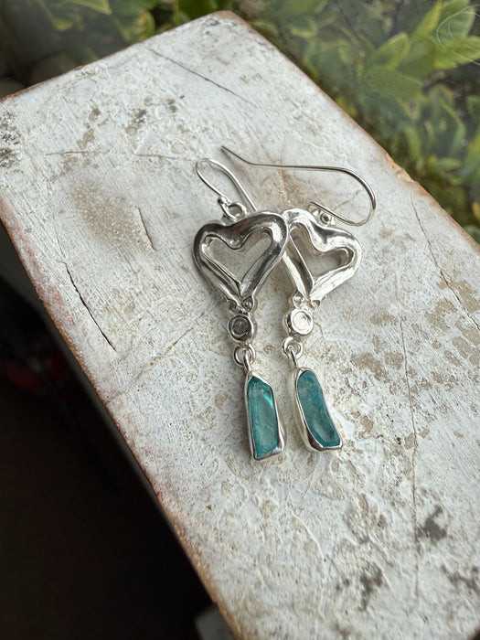 Heart Earrings with Raw Blue Apatite - Sterling Silver Heart Earrings - Kathy Sayce Jewellery