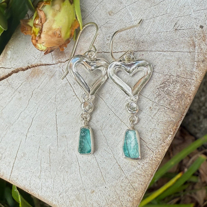 Heart Earrings with Raw Blue Apatite - Sterling Silver Heart Earrings - Kathy Sayce Jewellery