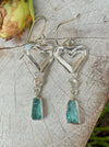 Heart Earrings with Raw Blue Apatite - Sterling Silver Heart Earrings - Kathy Sayce Jewellery