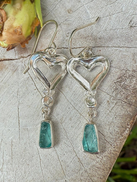 Heart Earrings with Raw Blue Apatite - Sterling Silver Heart Earrings - Kathy Sayce Jewellery
