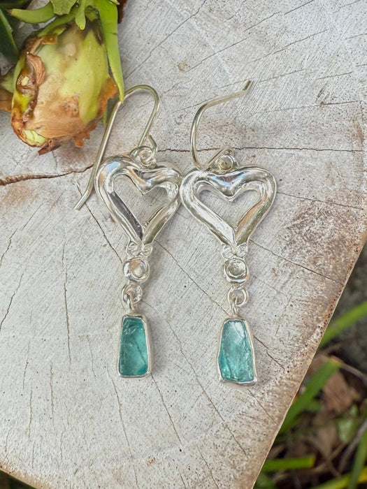 Heart Earrings with Raw Blue Apatite - Sterling Silver Heart Earrings - Kathy Sayce Jewellery