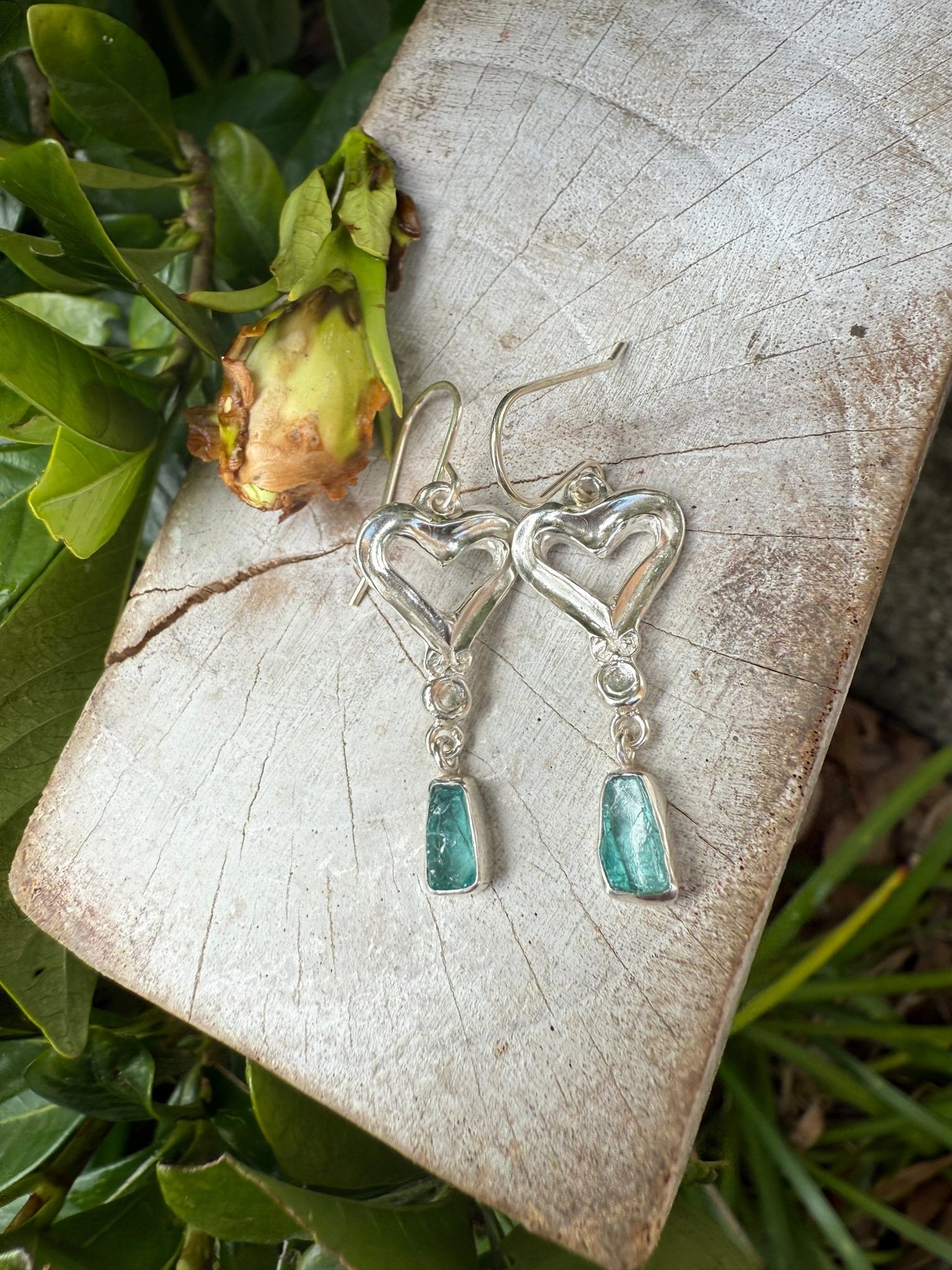 Heart Earrings with Raw Blue Apatite - Sterling Silver Heart Earrings - Kathy Sayce Jewellery
