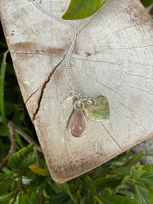 Hearts and Angels Necklace - Silver Heart & Rose Quartz Cluster Pendant - Kathy Sayce Jewellery