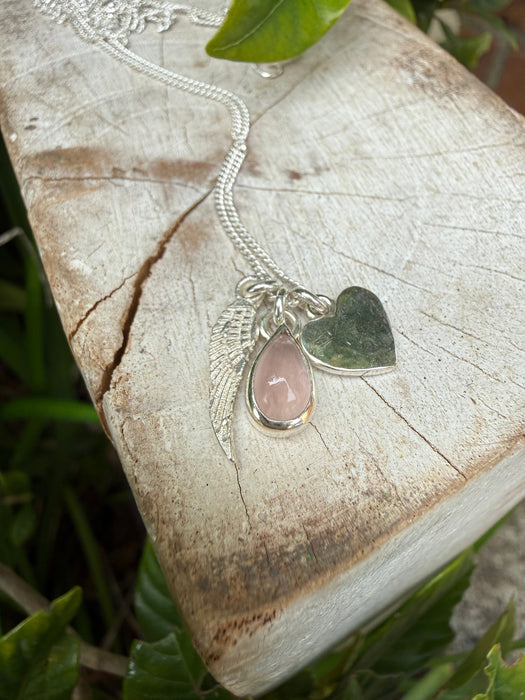 Hearts and Angels Necklace - Silver Heart & Rose Quartz Cluster Pendant - Kathy Sayce Jewellery
