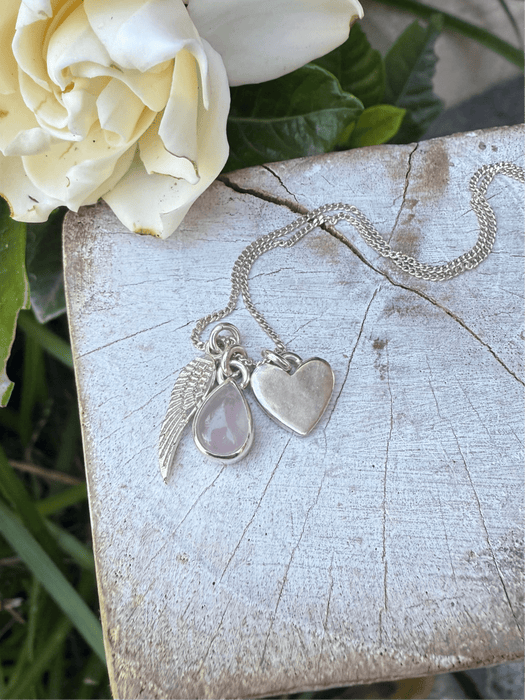 ‘Hearts and Angels’ Necklace - Silver Heart & Rose Quartz Cluster Pendant - Kathy Sayce Jewellery