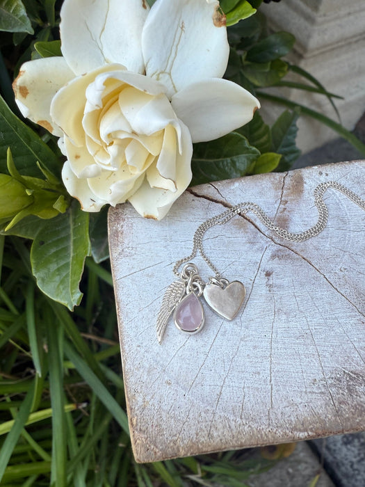 ‘Hearts and Angels’ Necklace - Silver Heart & Rose Quartz Cluster Pendant - Kathy Sayce Jewellery
