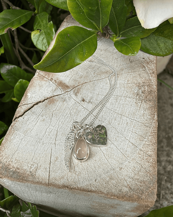 Hearts and Angels Necklace - Silver Heart & Rose Quartz Cluster Pendant - Kathy Sayce Jewellery