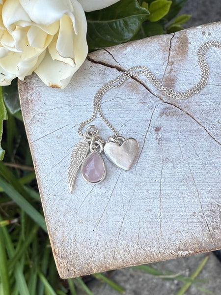‘Hearts and Angels’ Necklace - Silver Heart & Rose Quartz Cluster Pendant - Kathy Sayce Jewellery