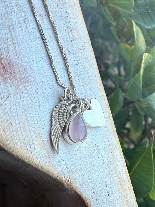 ‘Hearts and Angels’ Necklace - Silver Heart & Rose Quartz Cluster Pendant - Kathy Sayce Jewellery