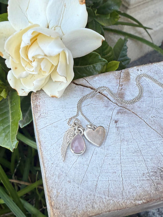‘Hearts and Angels’ Necklace - Silver Heart & Rose Quartz Cluster Pendant - Kathy Sayce Jewellery