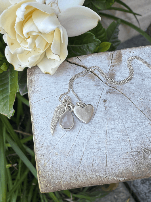 ‘Hearts and Angels’ Necklace - Silver Heart & Rose Quartz Cluster Pendant - Kathy Sayce Jewellery