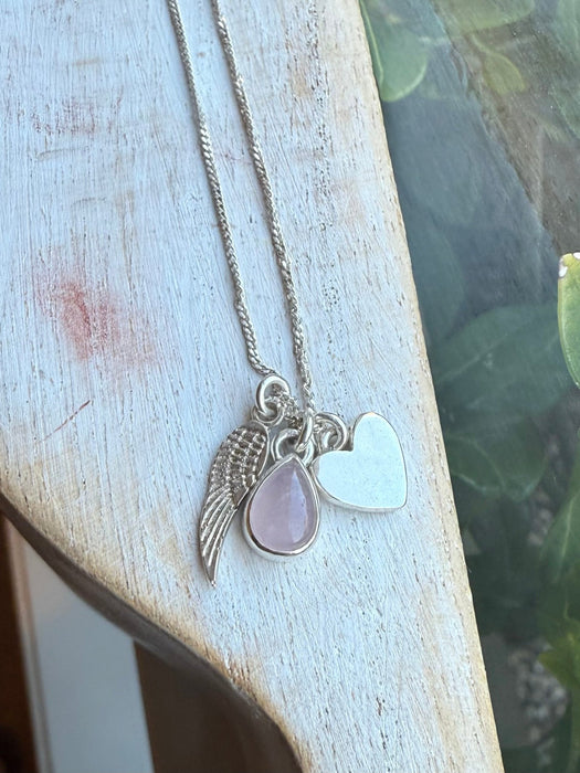 ‘Hearts and Angels’ Necklace - Silver Heart & Rose Quartz Cluster Pendant - Kathy Sayce Jewellery