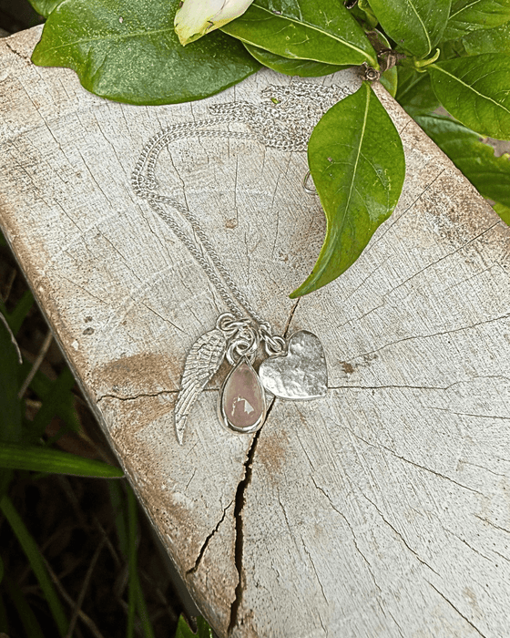 Hearts and Angels Necklace - Silver Heart & Rose Quartz Cluster Pendant - Kathy Sayce Jewellery