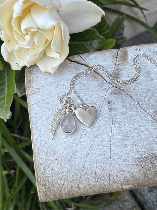 ‘Hearts and Angels’ Necklace - Silver Heart & Rose Quartz Cluster Pendant - Kathy Sayce Jewellery