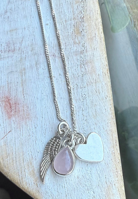 ‘Hearts and Angels’ Necklace - Silver Heart & Rose Quartz Cluster Pendant - Kathy Sayce Jewellery