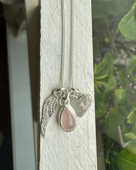 Hearts and Angels Necklace - Silver Heart & Rose Quartz Cluster Pendant - Kathy Sayce Jewellery