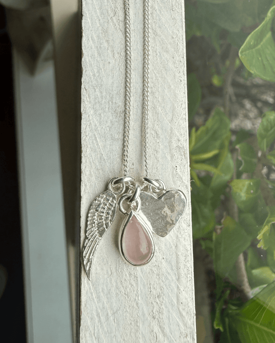Hearts and Angels Necklace - Silver Heart & Rose Quartz Cluster Pendant - Kathy Sayce Jewellery