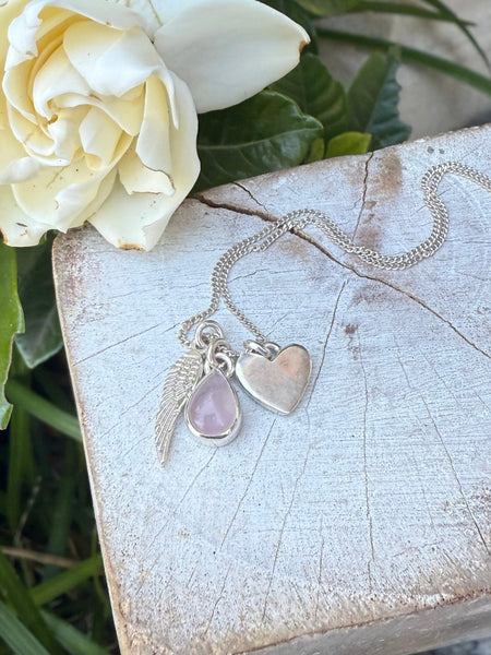 ‘Hearts and Angels’ Necklace - Silver Heart & Rose Quartz Cluster Pendant - Kathy Sayce Jewellery