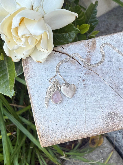 ‘Hearts and Angels’ Necklace - Silver Heart & Rose Quartz Cluster Pendant - Kathy Sayce Jewellery