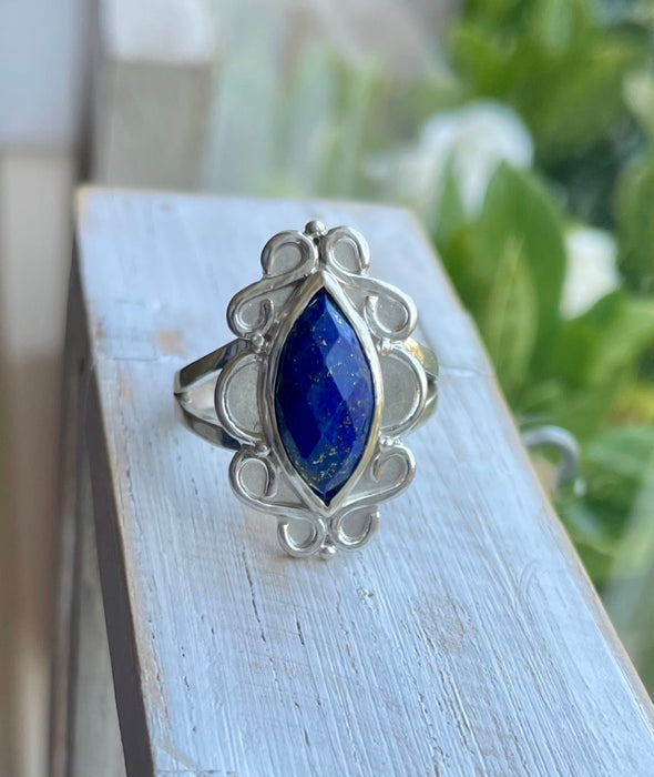 Lapis Lazuli Statement Ring – Sterling Silver Split Band Gemstone Ring - Kathy Sayce Jewellery