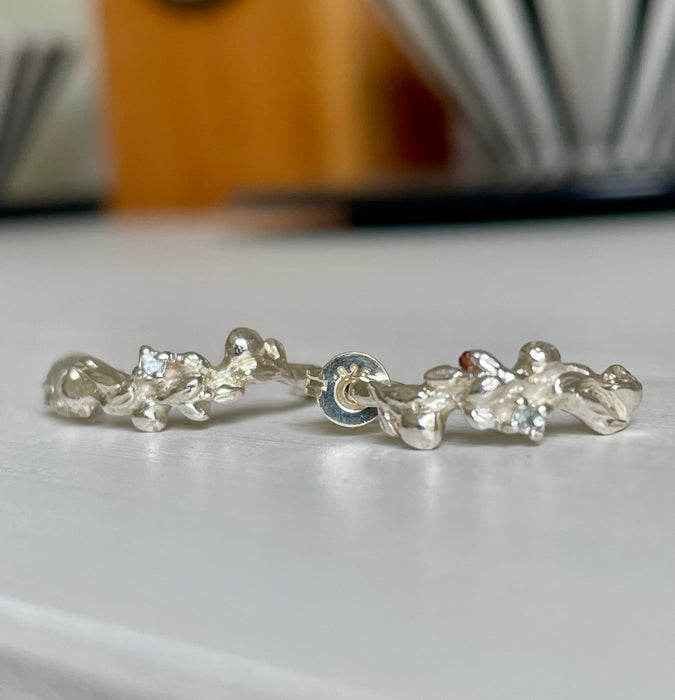 Leaf and Rose Ring - Sterling Silver Hoop Earrings Set with Tiny Blue Topaz Stones - Kathy Sayce Jewellery