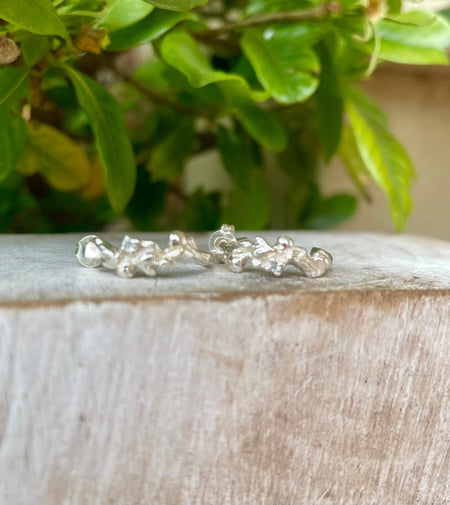 Leaf and Rose Ring - Sterling Silver Hoop Earrings Set with Tiny Blue Topaz Stones - Kathy Sayce Jewellery