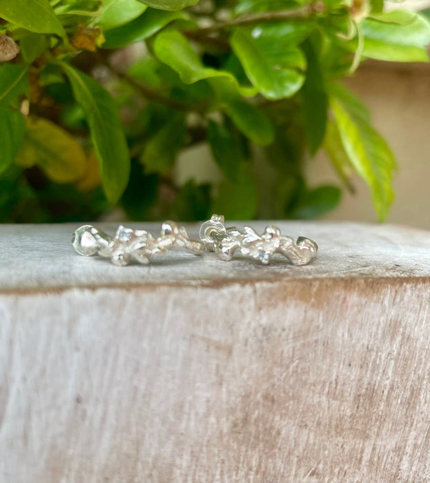 Leaf and Rose Ring - Sterling Silver Hoop Earrings Set with Tiny Blue Topaz Stones - Kathy Sayce Jewellery