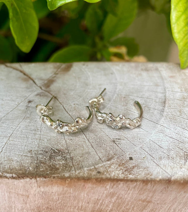Leaf and Rose Ring - Sterling Silver Hoop Earrings Set with Tiny Blue Topaz Stones - Kathy Sayce Jewellery