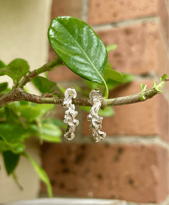 Leaf and Rose Ring - Sterling Silver Hoop Earrings Set with Tiny Blue Topaz Stones - Kathy Sayce Jewellery