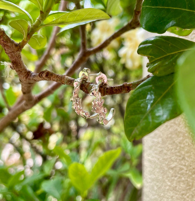 Leaf and Rose Ring - Sterling Silver Hoop Earrings Set with Tiny Blue Topaz Stones - Kathy Sayce Jewellery