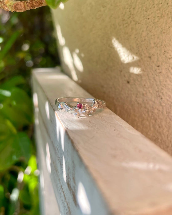 Leaf and Rose Ring - Sterling Silver with Rhodolite Garnet - Size L - Kathy Sayce Jewellery