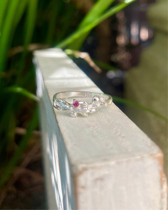 Leaf and Rose Ring - Sterling Silver with Rhodolite Garnet - Size L - Kathy Sayce Jewellery