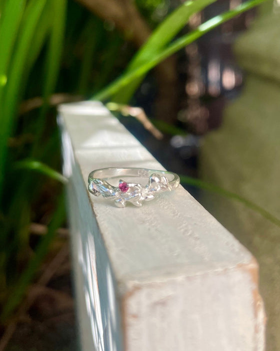Leaf and Rose Ring - Sterling Silver with Rhodolite Garnet - Size L - Kathy Sayce Jewellery