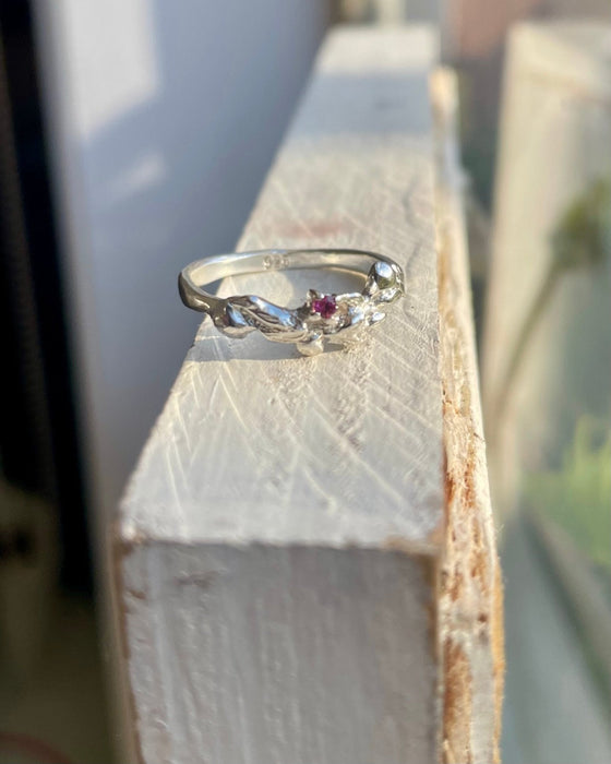 Leaf and Rose Ring - Sterling Silver with Rhodolite Garnet - Size L - Kathy Sayce Jewellery