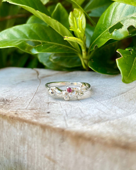 Leaf and Rose Ring - Sterling Silver with Rhodolite Garnet - Size L - Kathy Sayce Jewellery