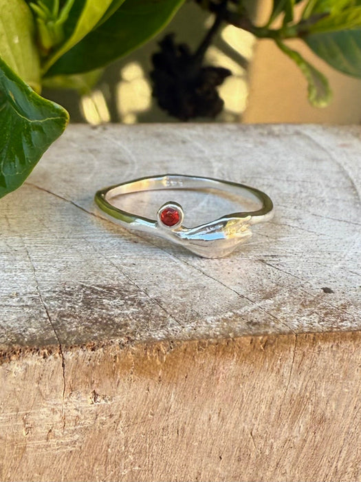 Leaf Ring - Sterling Silver with Red Sapphire - Kathy Sayce Jewellery