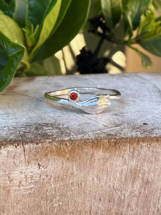 Leaf Ring - Sterling Silver with Red Sapphire - Kathy Sayce Jewellery