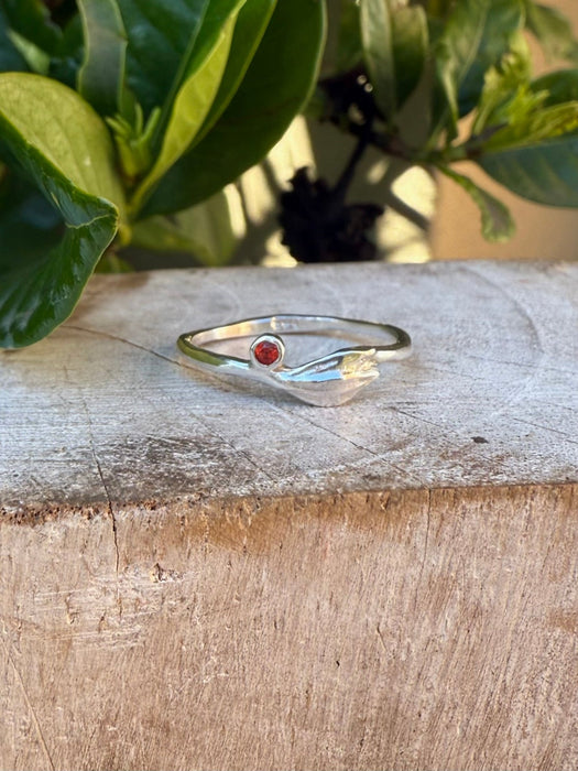 Leaf Ring - Sterling Silver with Red Sapphire - Kathy Sayce Jewellery