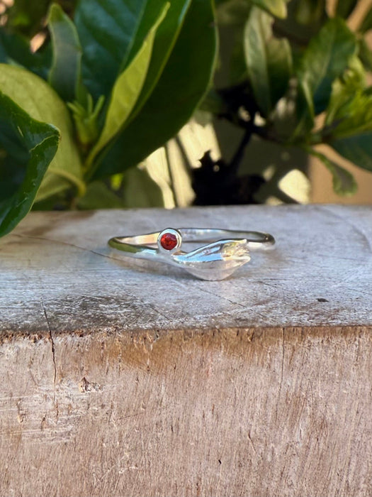 Leaf Ring - Sterling Silver with Red Sapphire - Kathy Sayce Jewellery