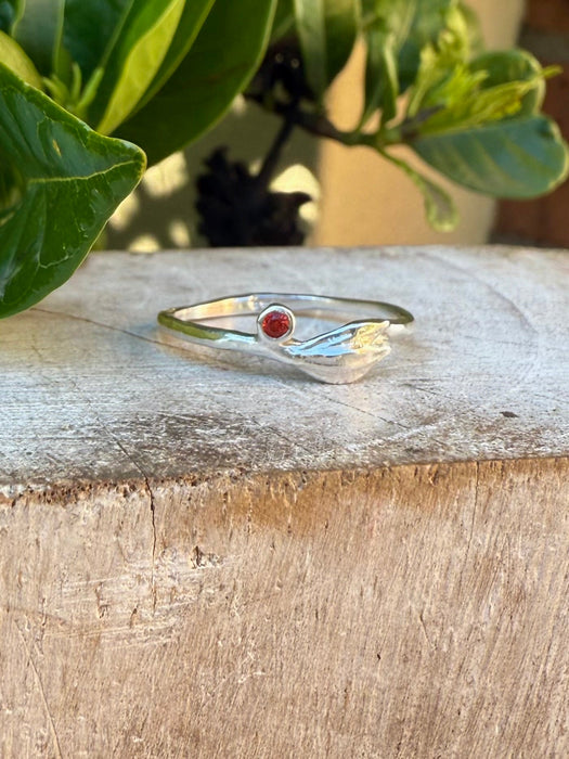 Leaf Ring - Sterling Silver with Red Sapphire - Kathy Sayce Jewellery