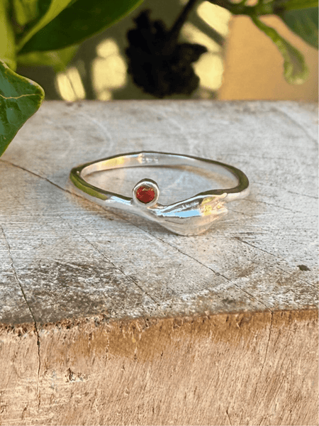 Leaf Ring - Sterling Silver with Red Sapphire - Kathy Sayce Jewellery