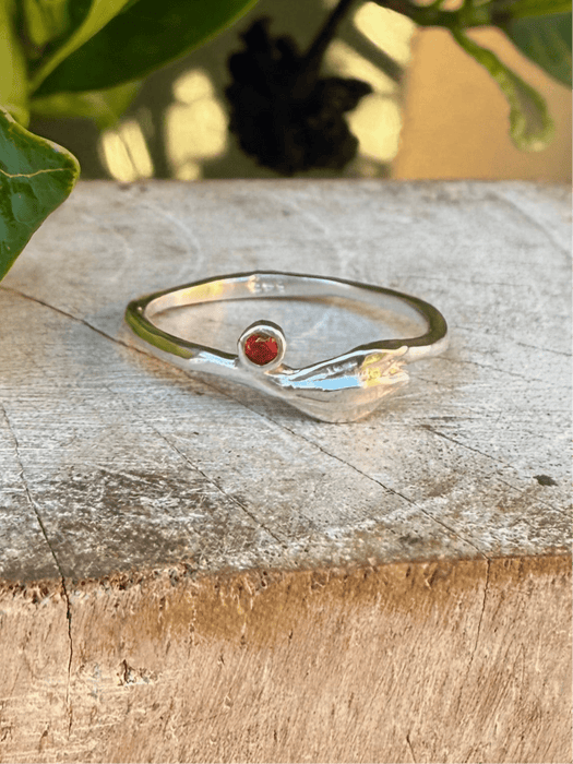 Leaf Ring - Sterling Silver with Red Sapphire - Kathy Sayce Jewellery
