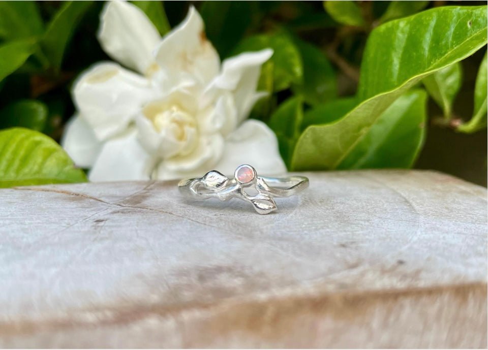 Leaf Ring with Seed Pearl or Opal - Sterling Silver - Made to Order - Kathy Sayce Jewellery