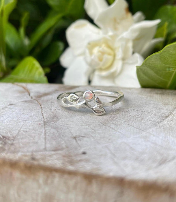 Leaf Ring with Seed Pearl or Opal - Sterling Silver - Made to Order - Kathy Sayce Jewellery