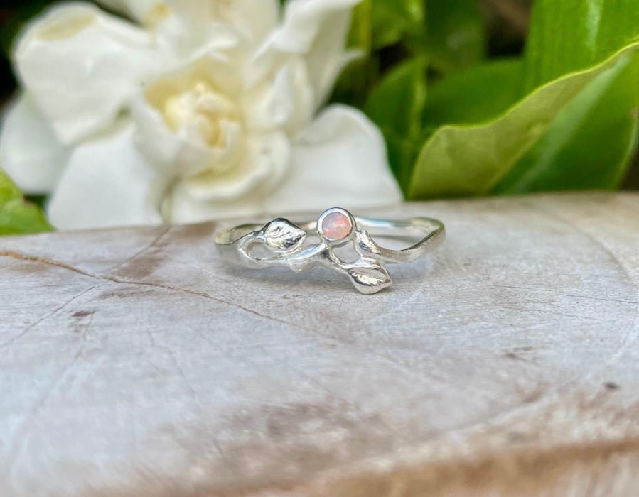 Leaf Ring with Seed Pearl or Opal - Sterling Silver - Made to Order - Kathy Sayce Jewellery