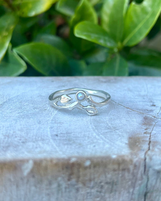 Leaf Ring with Seed Pearl or Opal - Sterling Silver - Made to Order - Kathy Sayce Jewellery